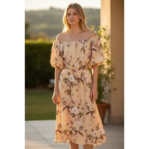 H&M Linen Blend Floral Off Shoulder Cutout‎ Midi Dress NWT Womens Size Large